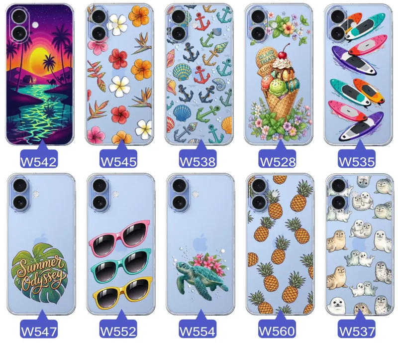 Kolekcja wakacyjnych wzorów etui do iPhone 16: palmy, kwiaty, kotwice, lody, deski surfingowe, ananasy i foki