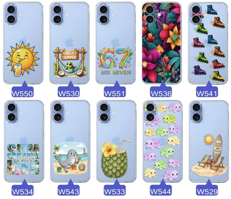 Kolekcja letnich wzorów etui do iPhone 16 z motywami słońca, żółwia, six seven, tropikalnych kwiatów, rolek, plaży i kokosa