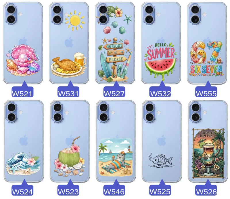 Różne wzory etui wakacyjnych do iPhone 16 z grafikami muszelek, ryby, plaży, arbuza, lodów, foki, kokosa i tropikalnego drinka