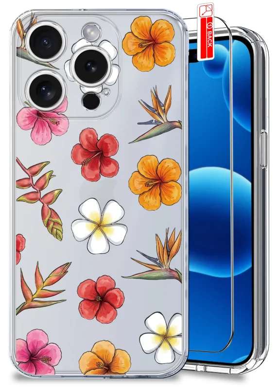 Przezroczyste etui wakacyjne do iPhone 16 Pro z kolorowym nadrukiem hibiskusów i szkłem hartowanym w zestawie