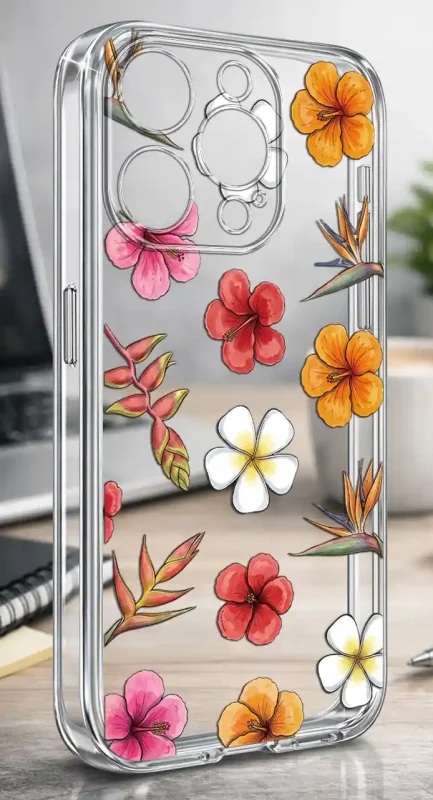 Etui na lato do iPhone 16 Pro z tropikalnymi kwiatami w różowych, czerwonych, białych i pomarańczowych kolorach