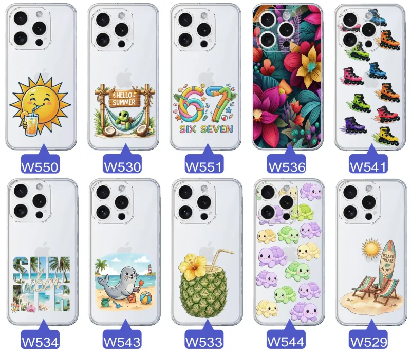 Kolekcja letnich wzorów etui do iPhone 16 Pro z motywami słońca, żółwia, six seven, tropikalnych kwiatów, rolek, plaży i kokosa