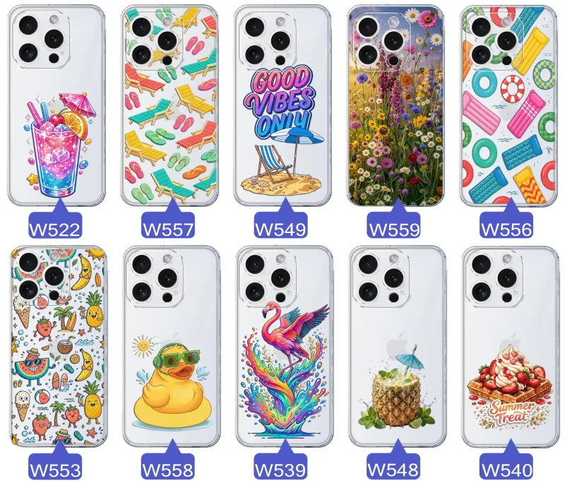 Zestaw przezroczystych etui do iPhone 16 Pro z wakacyjnymi motywami drinka, leżaków, napisu good vibes, kwiatów, flaminga, ananasa i deseru