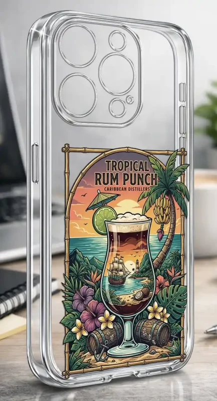 Przezroczyste etui do iPhone 16 Pro Max z grafiką rumowego drinka, zachodu słońca, kwiatów i palm