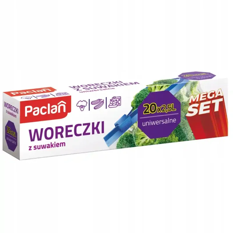 Woreczki strunowe z suwakiem do żywności Mega Set Zipy 20 sztuk 2,5l Paclan