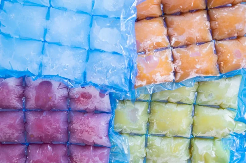 Woreczki z zamrożonymi kostkami w różnych kolorach i smakach