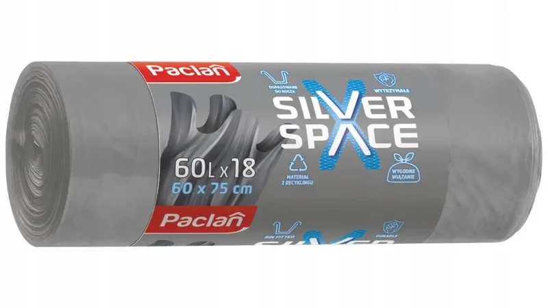 Worki na śmieci Paclan Silver Space 60L 18 szt. szare: rolka z etykietą produktu