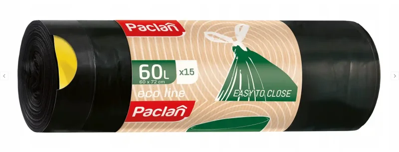 Rolka czarnych worków na śmieci Paclan Eco Line 60 l 15 sztuk z taśmą ściągającą