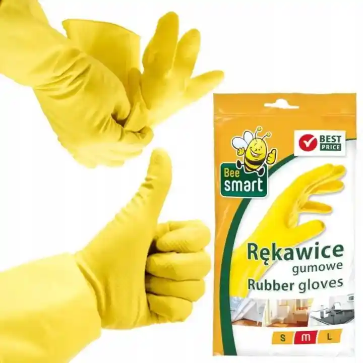 Żółte rękawice gumowe Bee Smart podczas zakładania na dłonie