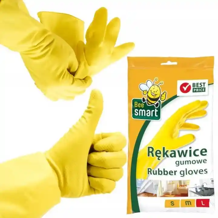 Żółte rękawice gumowe Bee Smart rozmiar L podczas zakładania na dłonie