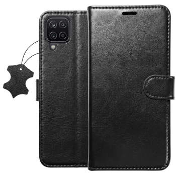 Etui do Samsung Galaxy A12 / M12 z klapką skórzane czarne ze szkłem