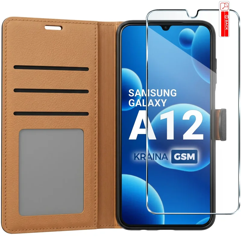 Czarne skórzane etui zamykane do Samsung Galaxy A12 / M12 z trzema kieszonkami i szkłem 9H
