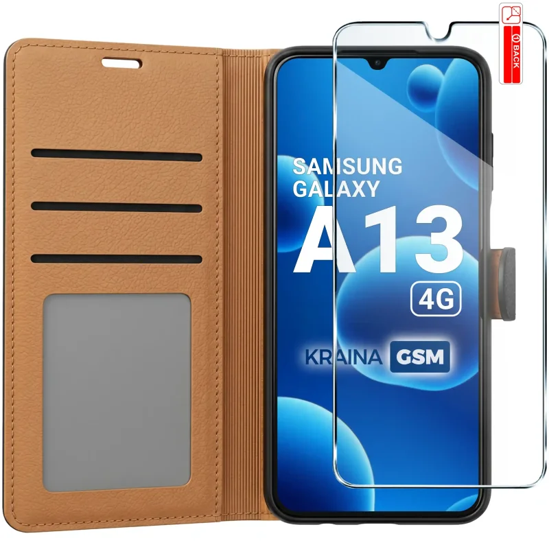 Czarne skórzane etui zamykane do Samsung Galaxy A13 4G z trzema kieszonkami i szkłem 9H