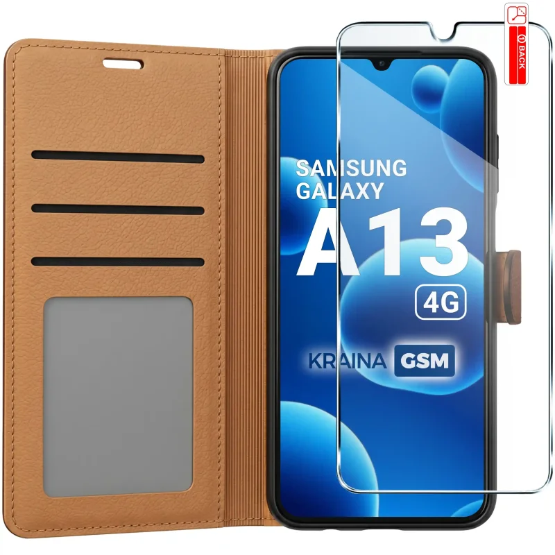 Brązowe etui portfelowe do Samsung Galaxy A13 4G z trzema kieszonkami na karty