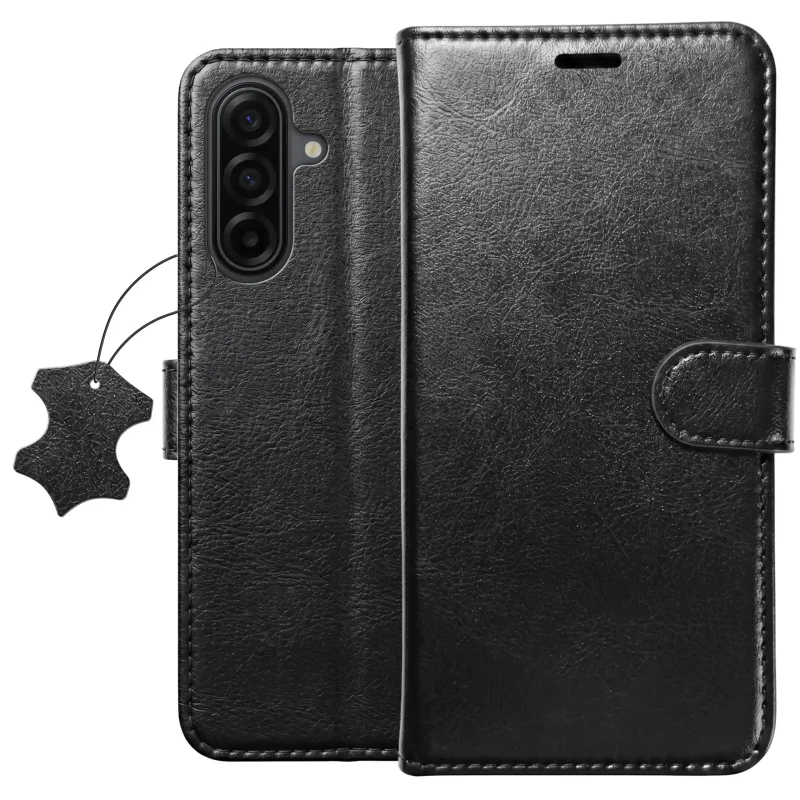 Czarne skórzane etui z klapką do Samsung Galaxy A17 5G widok z przodu i z tyłu