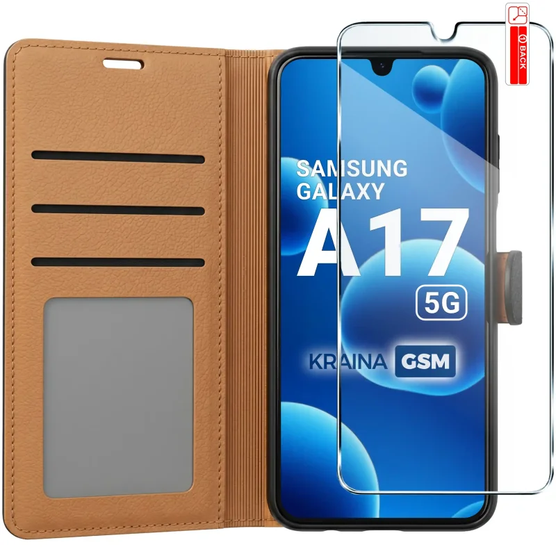 Czarne skórzane etui zamykane do Samsung Galaxy A17 5G z trzema kieszonkami i szkłem 9H