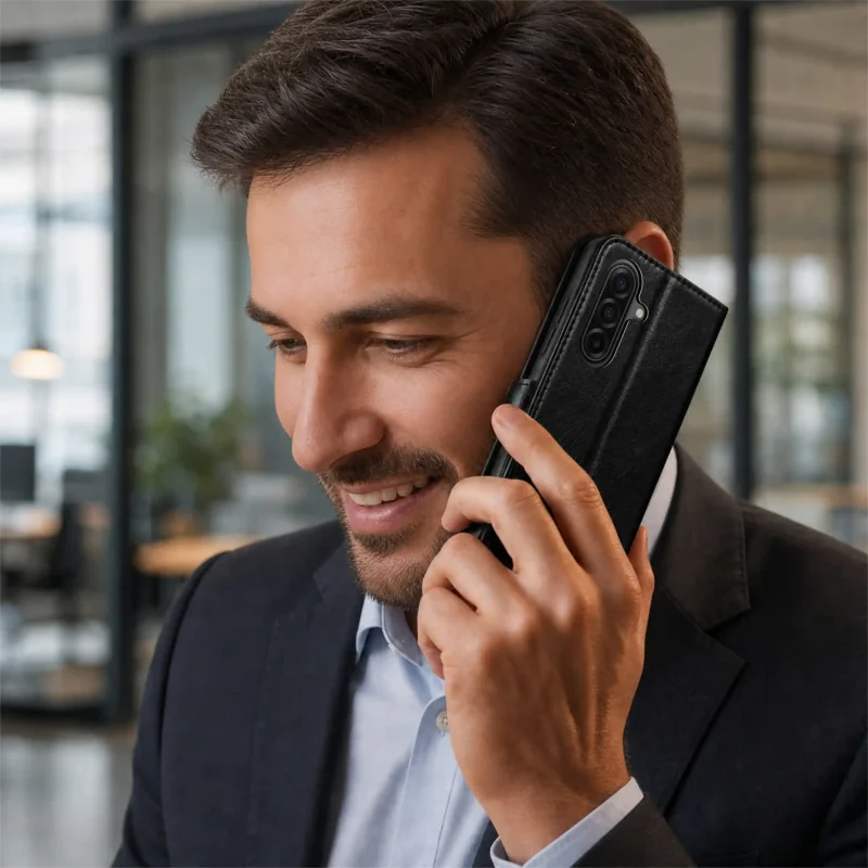 Czarne skórzane etui do Samsung Galaxy A17 5G podczas rozmowy telefonicznej