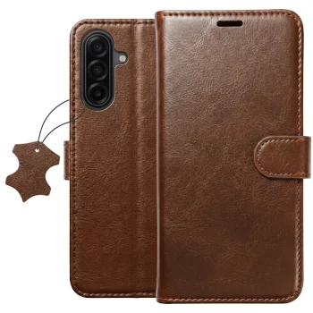 Etui do Samsung Galaxy A17 5G z klapką skórzane brązowe ze szkłem