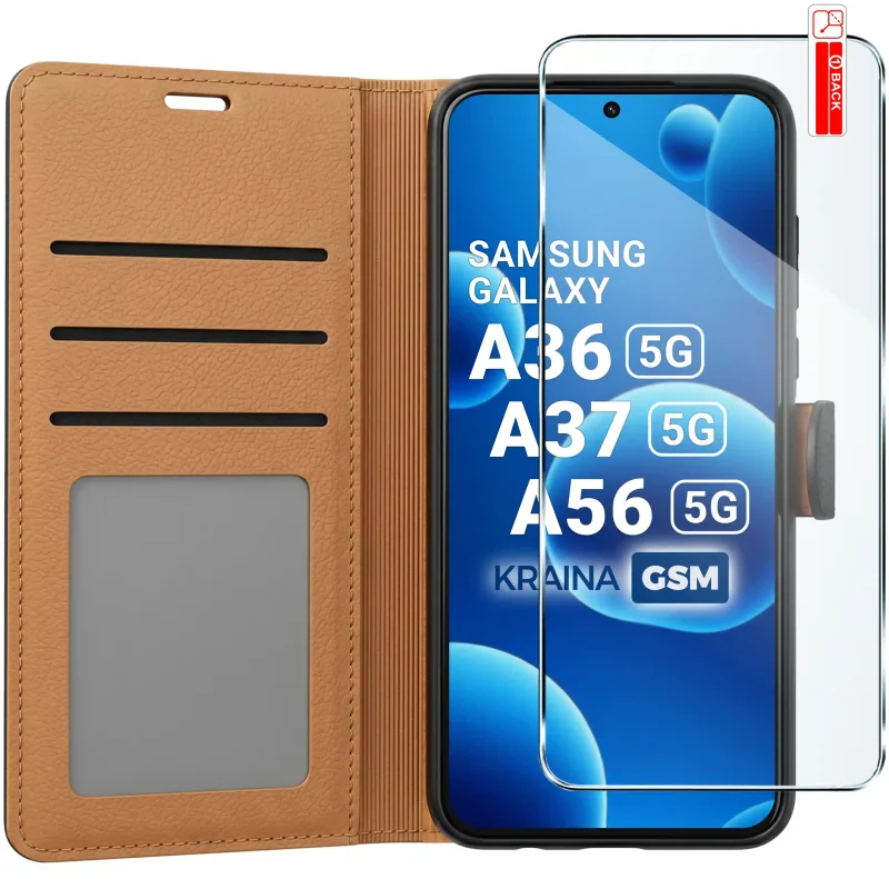 Czarne skórzane etui zamykane do Samsung Galaxy A36 / A37 / A56 5G z trzema kieszonkami i szkłem 9H