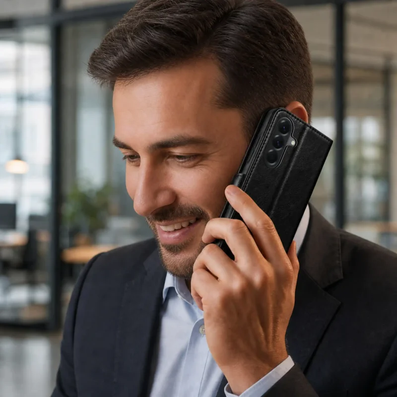 Czarne skórzane etui do Samsung Galaxy A36 / A37 / A56 5G podczas rozmowy telefonicznej