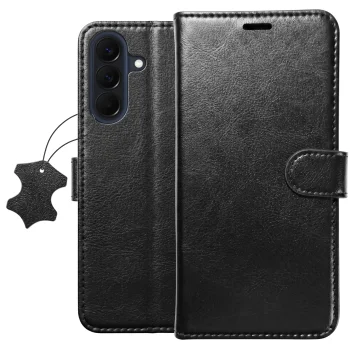 Etui do Samsung Galaxy A57 5G z klapką skórzane czarne ze szkłem