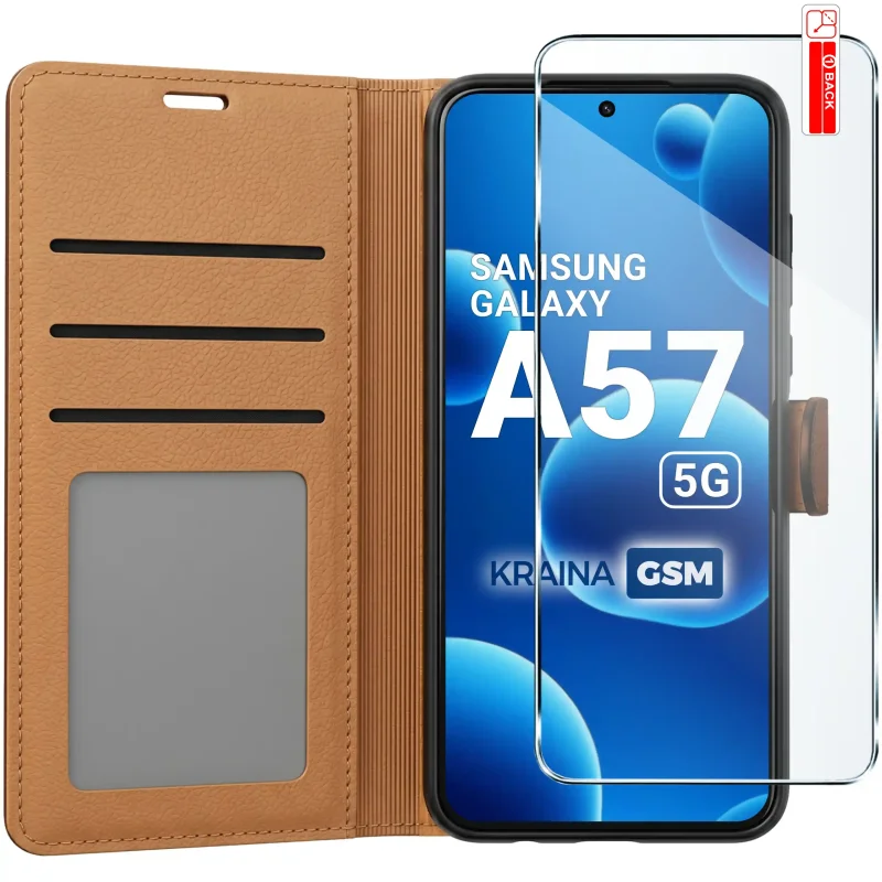 Brązowe etui portfelowe do Samsung Galaxy A57 5G z trzema kieszonkami na karty