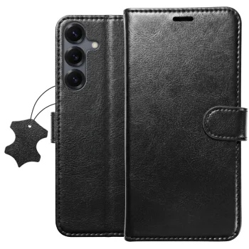 Etui do Samsung Galaxy S25 z klapką skórzane czarne ze szkłem