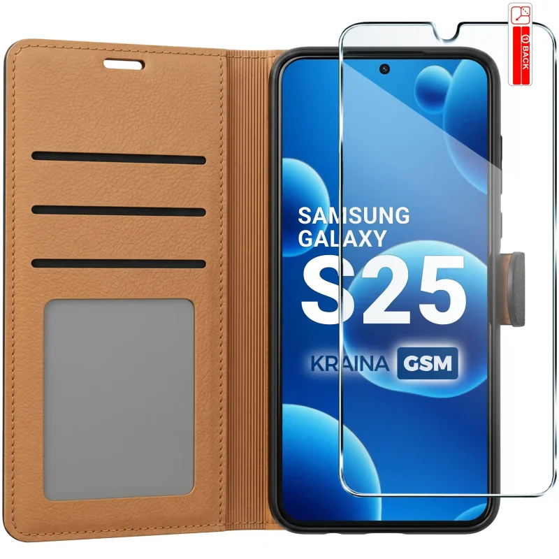 Czarne skórzane etui zamykane do Samsung Galaxy S25 z trzema kieszonkami i szkłem 9H