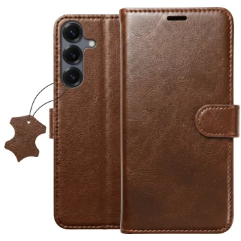 Etui do Samsung Galaxy S25 z klapką skórzane brązowe ze szkłem