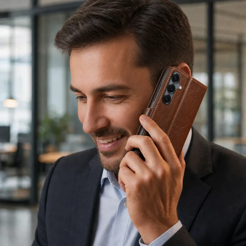 Telefon Samsung Galaxy S25 podczas rozmowy w brązowym skórzanym etui