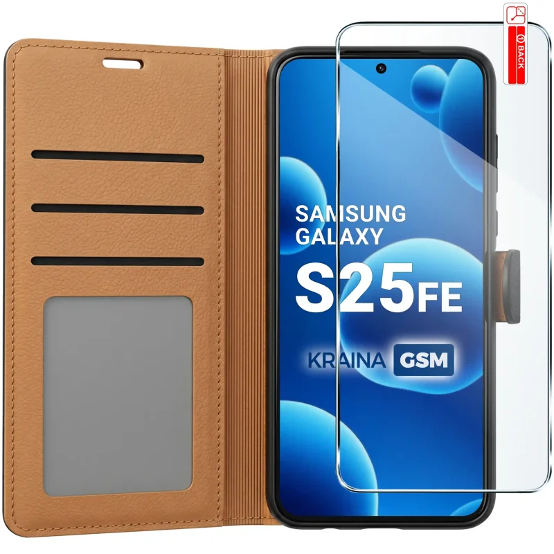 Czarne skórzane etui zamykane do Samsung Galaxy S25 FE z trzema kieszonkami i szkłem 9H
