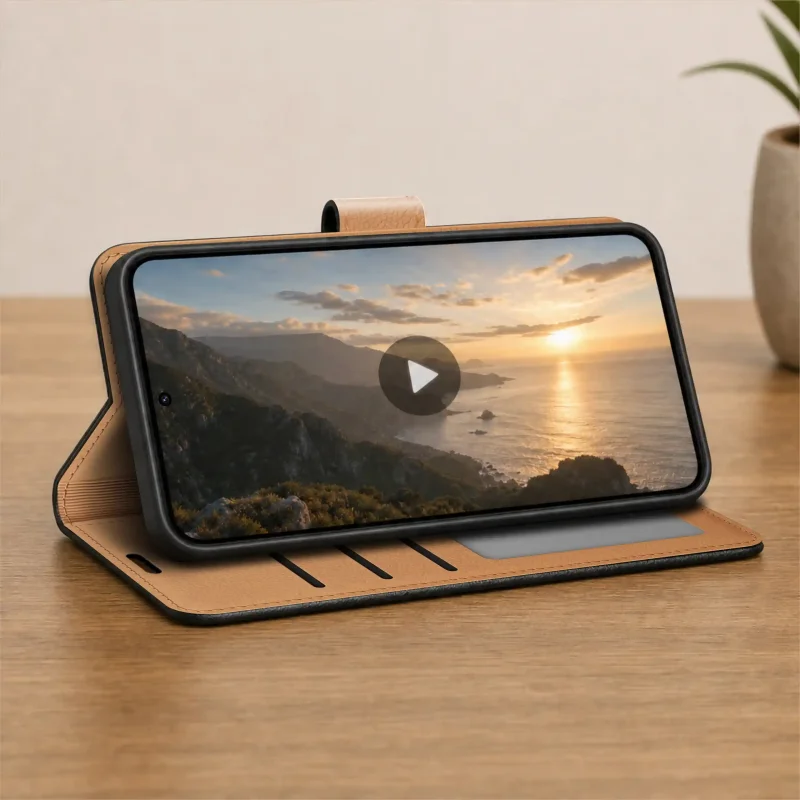 Skórzane czarne etui z klapką do Samsung Galaxy S25 FE ustawione jako podstawka