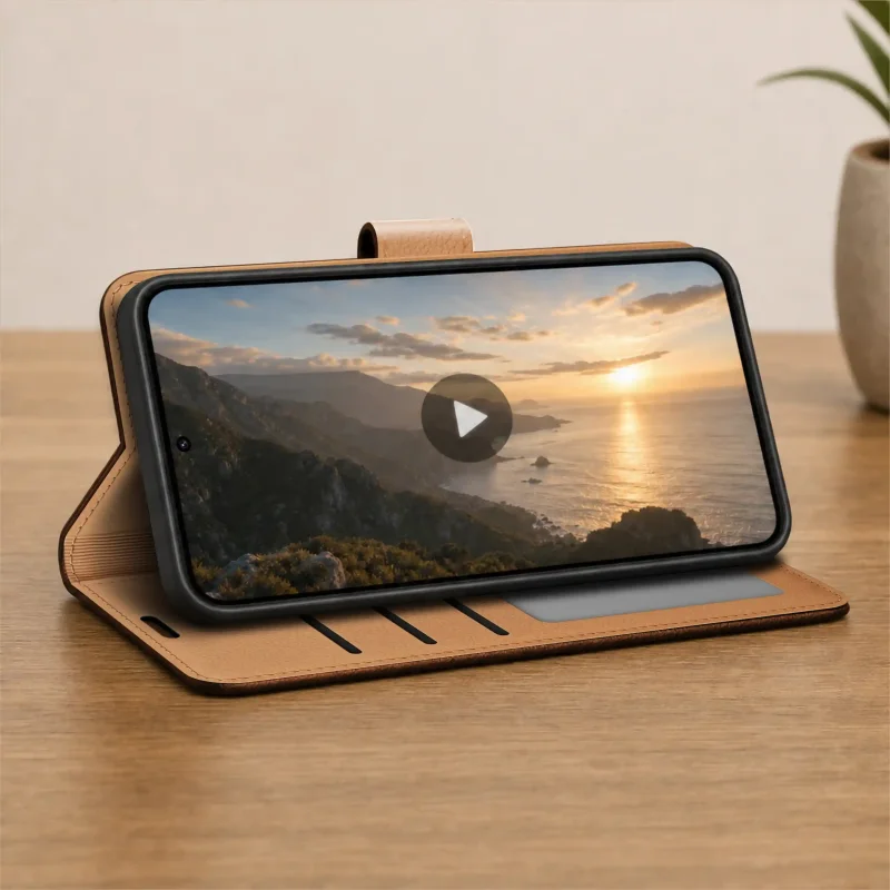 Brązowe skórzane etui z klapką do Samsung Galaxy S25 FE ustawione jako podstawka do filmów