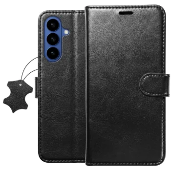 Etui do Samsung Galaxy S26 z klapką skórzane czarne ze szkłem