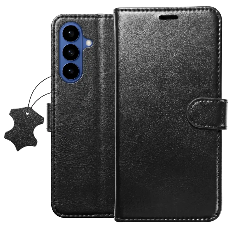 Czarne skórzane etui z klapką do Samsung Galaxy S26 widok z przodu i z tyłu