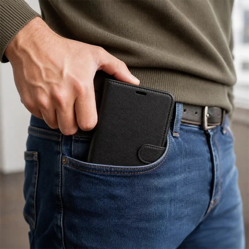 Czarne skórzane etui z klapką do Samsung Galaxy S26 wkładane do kieszeni