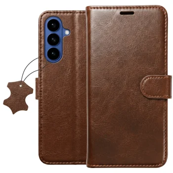 Etui do Samsung Galaxy S26 z klapką skórzane brązowe ze szkłem