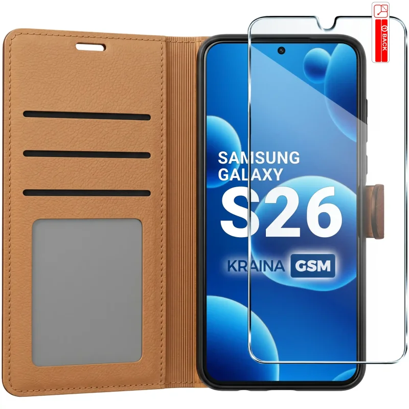 Brązowe etui portfelowe do Samsung Galaxy S26 z trzema kieszonkami na karty