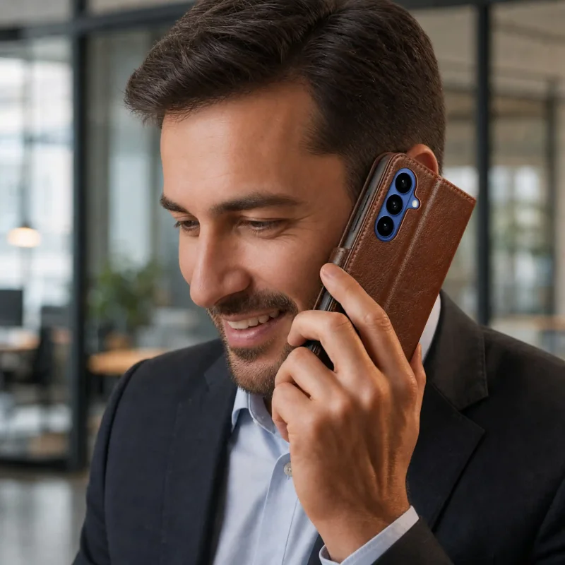 Telefon Samsung Galaxy S26 podczas rozmowy w brązowym skórzanym etui