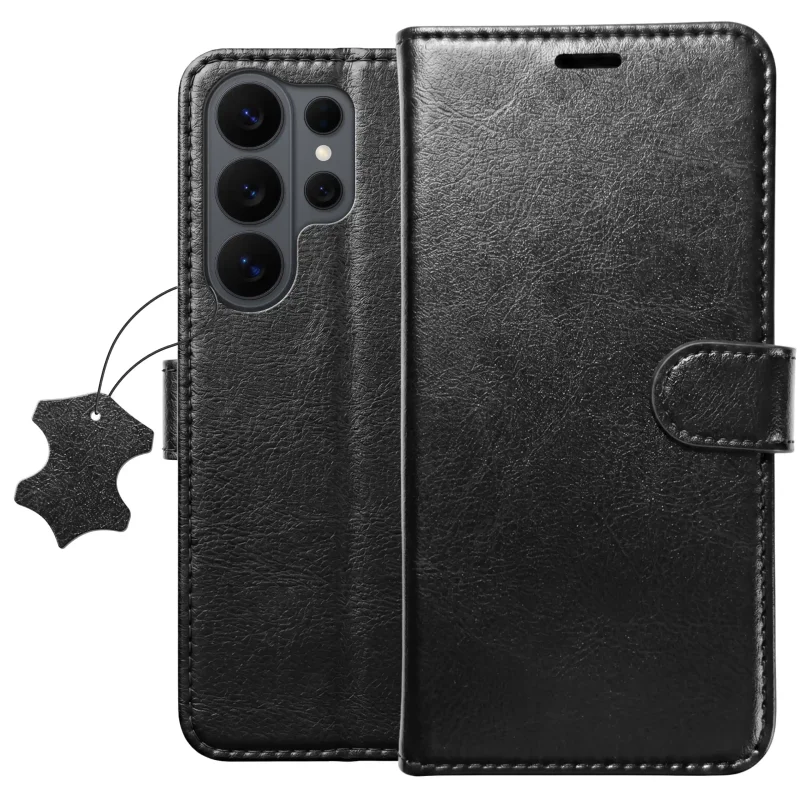 Czarne skórzane etui z klapką do Samsung Galaxy S26 Ultra widok z przodu i z tyłu