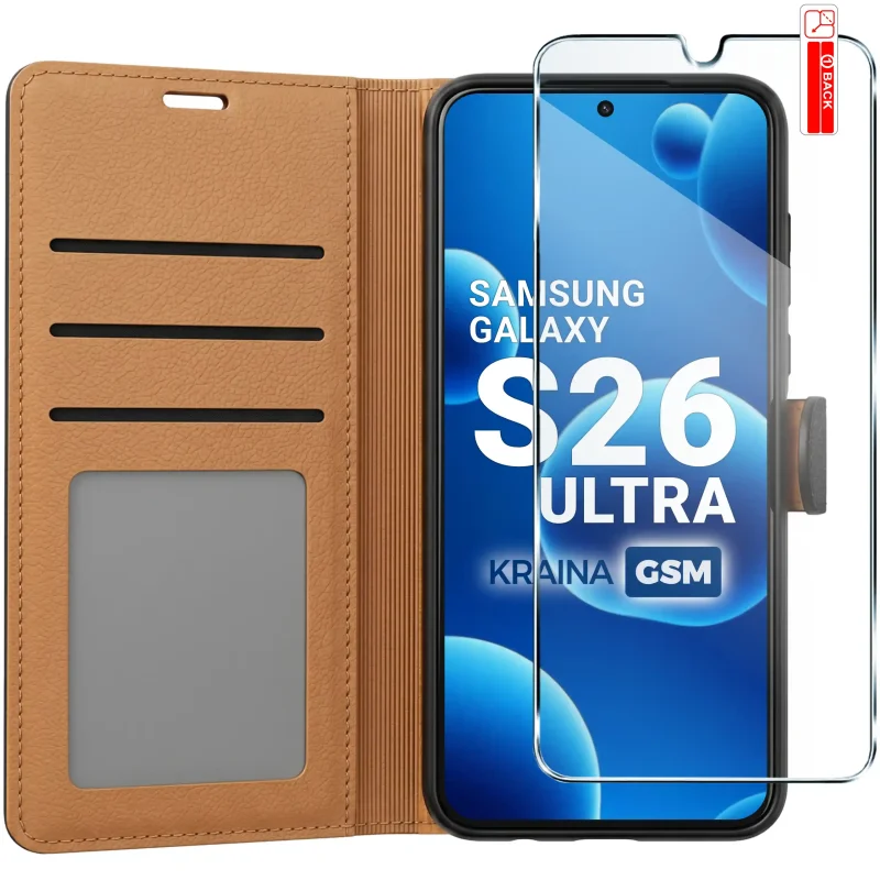 Czarne skórzane etui zamykane do Samsung Galaxy S26 Ultra z trzema kieszonkami i szkłem 9H