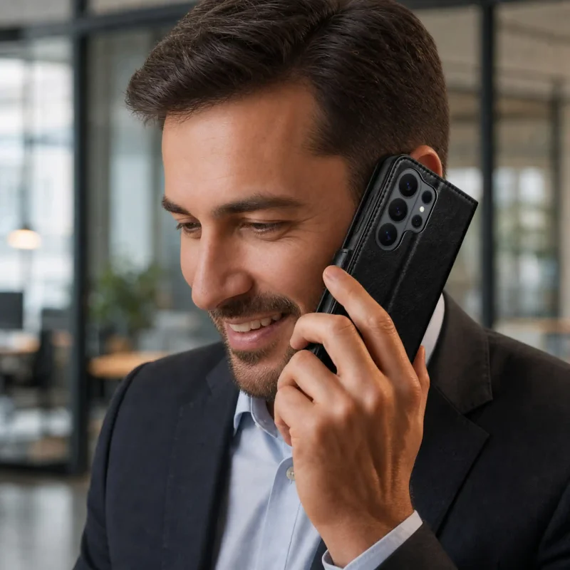 Czarne skórzane etui do Samsung Galaxy S26 Ultra podczas rozmowy telefonicznej