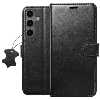 Etui do Samsung Galaxy S24 z klapką skórzane czarne ze szkłem