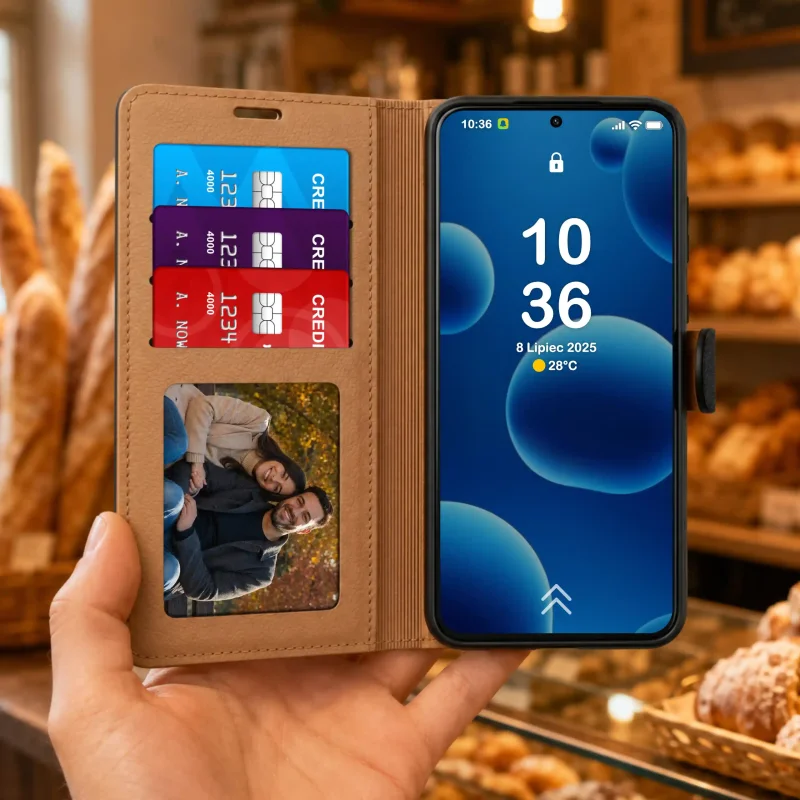 Wnętrze czarnego skórzanego etui portfelowego do Samsung Galaxy S24 z miejscem na trzy karty i zdjęcie