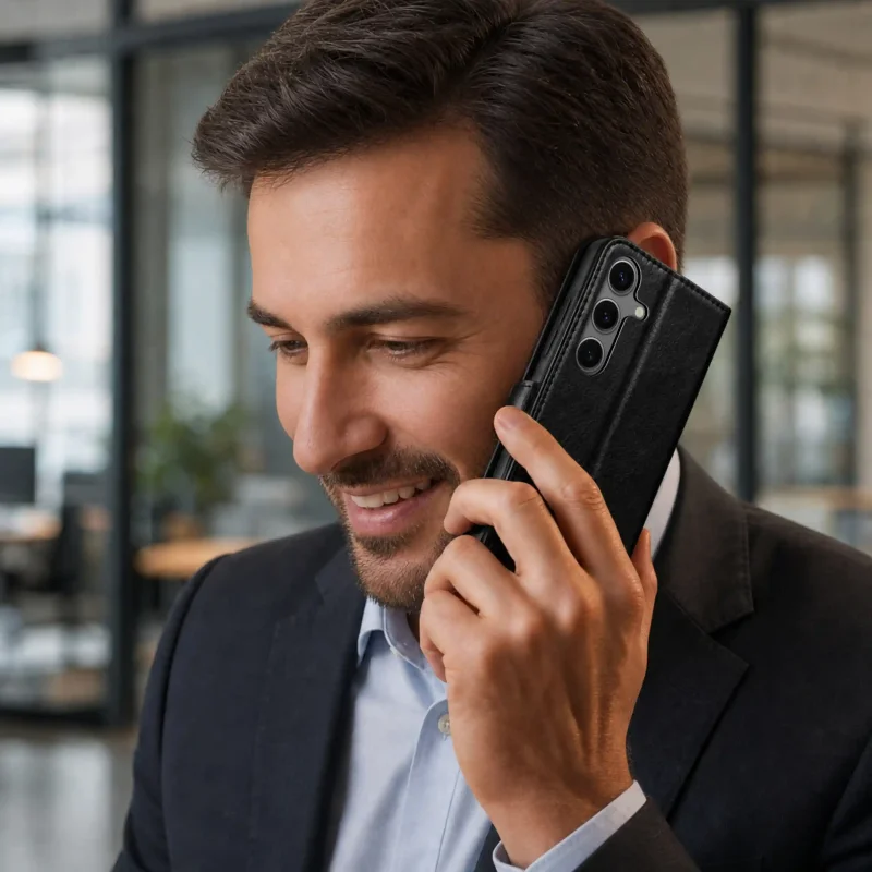 Czarne skórzane etui do Samsung Galaxy S24 podczas rozmowy telefonicznej