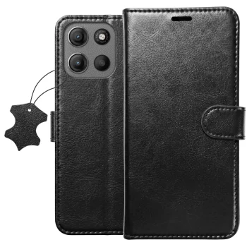 Etui do Motorola Moto G15 / G15 Power z klapką skórzane czarne ze szkłem