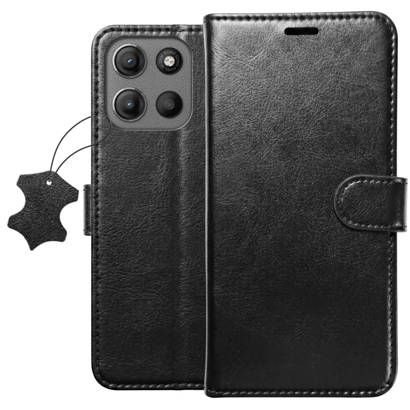 Czarne skórzane etui z klapką do Motorola Moto G15 / G15 Power widok z przodu i z tyłu