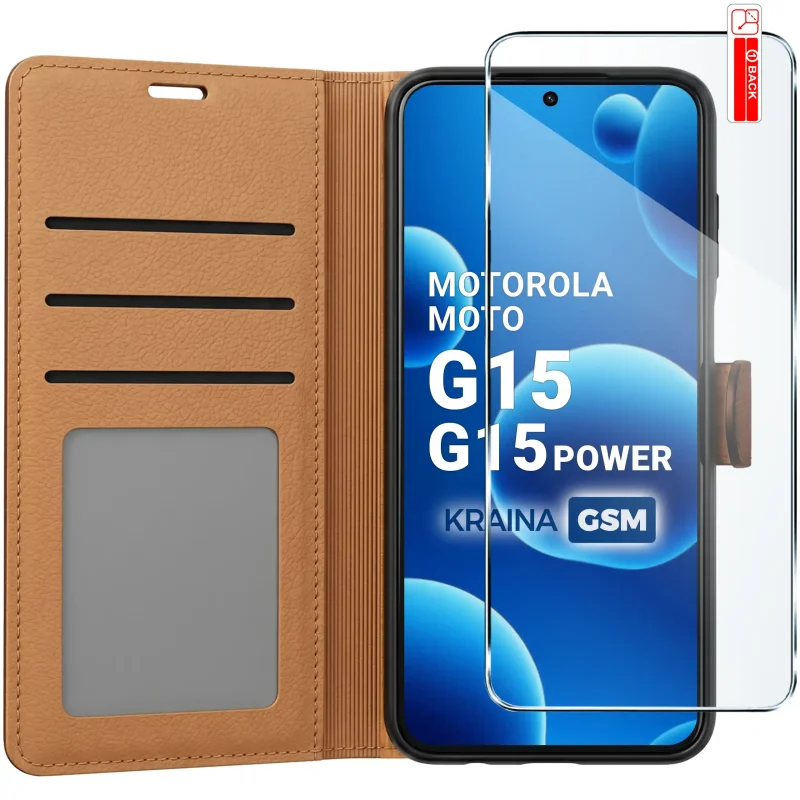 Brązowe etui portfelowe do Motorola Moto G15 / G15 Power z trzema kieszonkami na karty