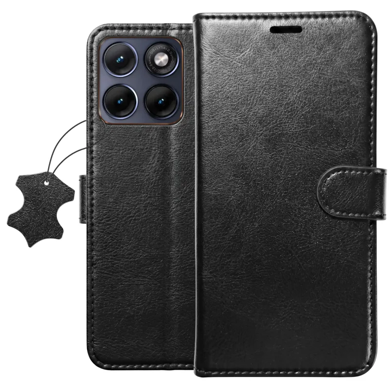 Czarne skórzane etui z klapką do Motorola Edge 70 Fusion widok z przodu i z tyłu