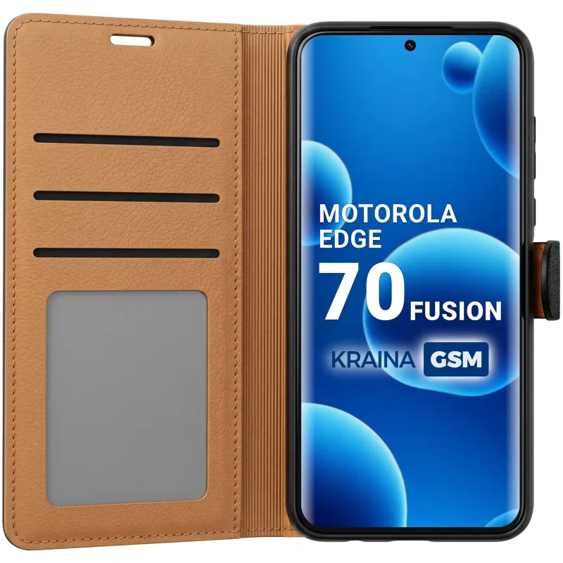 Czarne skórzane etui zamykane do Motorola Edge 70 Fusion z trzema kieszonkami